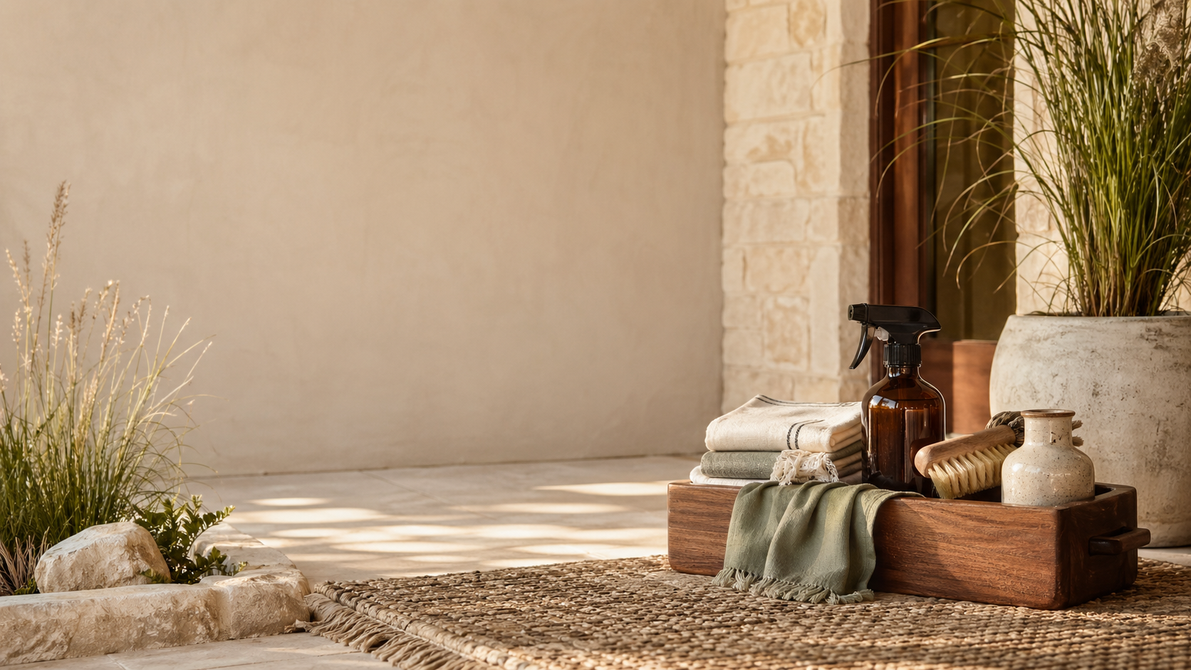 Warm clay-toned Austin entryway with refined cleaning tools and natural materials
